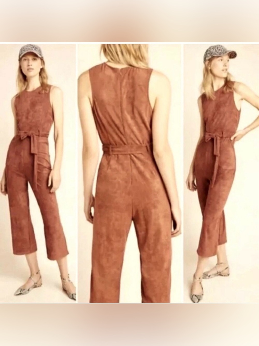 BY ANTHROPOLOGIE Cropped Brown Faux Suede Sleeveless Tie Waist Jumpsuit Size XS
